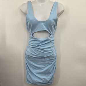 Blue mini bodycon dress with cut out and ruched details for a night out